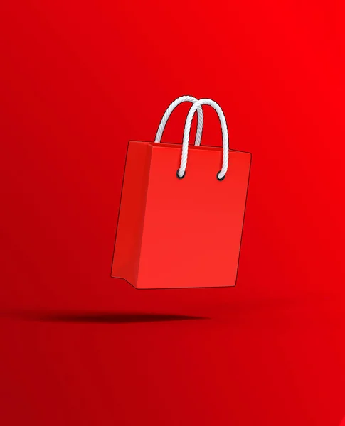 Leere Rote Einkaufstasche Auf Rotem Hintergrund Leerzeichen Text Kreatives Konzept — Stockfoto