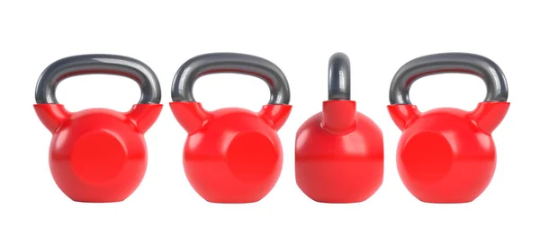 白色の背景に赤鉄ケトルベルをセット ジムとフィットネス機器 ワークアウトツール スポーツトレーニングとリフティングコンセプト 3Dレンダリング図 — ストック写真