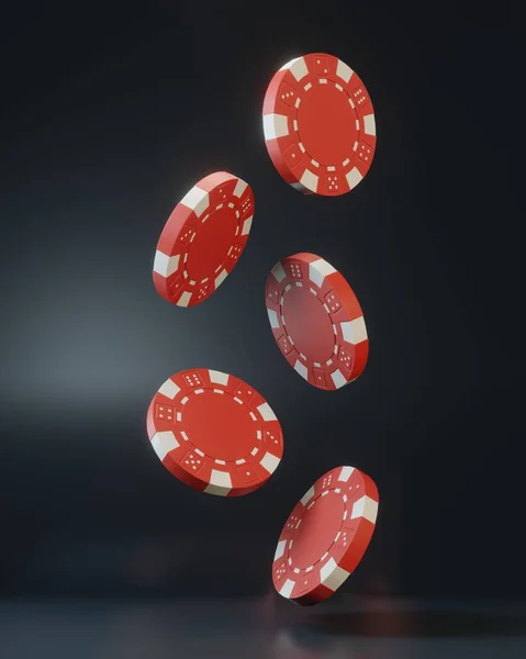 カジノのチップは黒い背景に落ちています カジノゲーム3Dチップ オンラインカジノのバナー 赤いチップだ ギャンブルの概念 3Dレンダリング図 — ストック写真