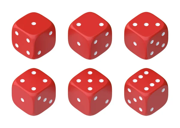 一套六枚红色骰子 白色圆点呈半圆形 显示不同的数字 幸运骰子滚骰子棋盘游戏赌钱3D渲染说明 — 图库照片