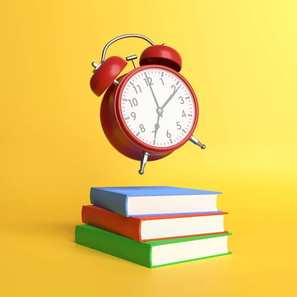 Relógio Despertador Livros Cores Sobre Fundo Amarelo Pastel Conceito Educação — Fotografia de Stock