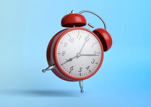 Reloj Despertador Vintage Rojo Cayendo Suelo Con Fondo Azul Brillante — Foto de Stock
