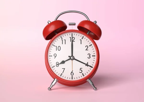 Relógio Alarme Vintage Vermelho Fundo Rosa Brilhante Cores Pastel Conceito — Fotografia de Stock