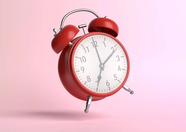 Relógio Despertador Vintage Vermelho Caindo Chão Com Fundo Rosa Brilhante — Fotografia de Stock