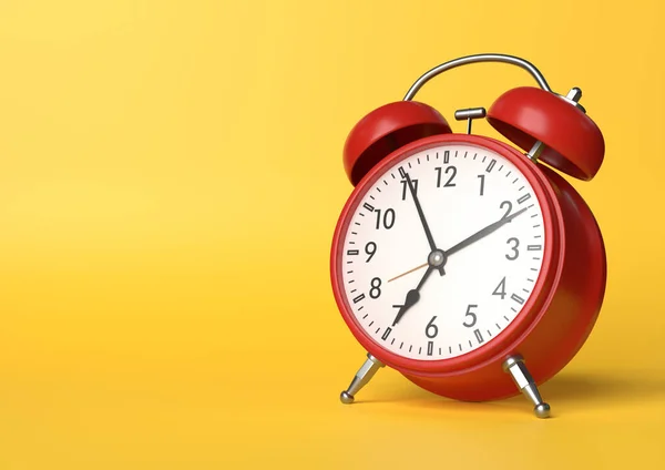 Relógio Alarme Vintage Vermelho Fundo Amarelo Brilhante Cores Pastel Conceito — Fotografia de Stock