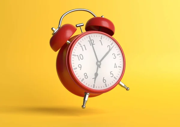 Reloj Despertador Vintage Rojo Cayendo Suelo Con Fondo Amarillo Brillante — Foto de Stock