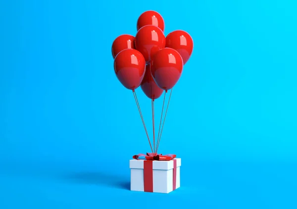 Белая Подарочная Коробка Красной Лентой Воздушным Шаром Голубом Фоне Минимальная — стоковое фото