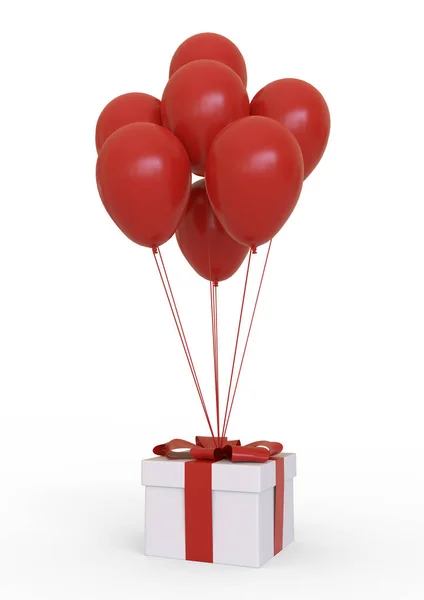 Caixa Presente Branca Com Fita Vermelha Balão Sobre Fundo Branco — Fotografia de Stock