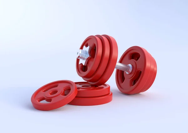 Dumbbell Piros Lemezekkel Elszigetelt Fehér Háttérrel Előnézet Fénymásoló Felülettel Kreatív — Stock Fotó