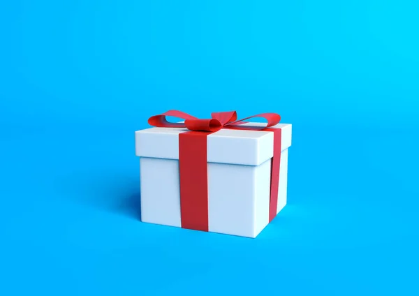 White Gift Box Red Ribbon Pastel Blue Background Minimal Concept — Stock Photo, Image