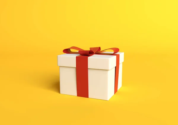 Біла Подарункова Коробка Червоною Стрічкою Пастельному Жовтому Тлі Мінімальна Концепція — стокове фото