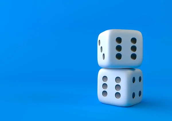 キューブは パステルカラーのコピースペースと青の背景に2つの白いダイスをダイスします ギャンブルゲーム ビジネス戦略と幸運 最小限の概念 創造的な概念 3Dレンダリング図 — ストック写真
