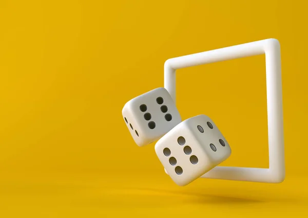 パステルカラーの黄色の背景にキューブ型のダイス 最小限の概念 3Dレンダリング図 — ストック写真