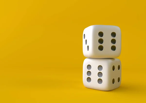 キューブはパステルカラーの黄色の背景に2つの白いダイスをダイスします 最小限の概念 3Dレンダリング図 — ストック写真