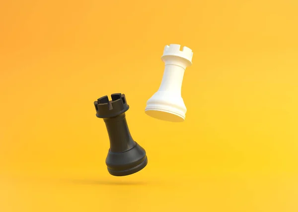 现实的车在明亮的黄色背景与复制空间 国际象棋棋子最小的创造性战斗概念 3D渲染3D示例 — 图库照片