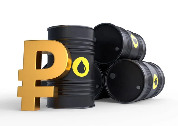 Баррель Нефти Знак Золотого Рубля Белом Фоне Цены Нефть Инфляция — стоковое фото