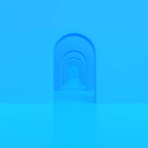 青いアーチ廊下 抽象的な背景 最小限の概念 3Dレンダリングイラスト — ストック写真