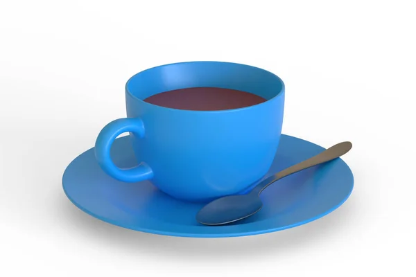Blue Coffee Cup Saucer Spoon Isolated White Background Rendering Illustration — Stock Photo, Image