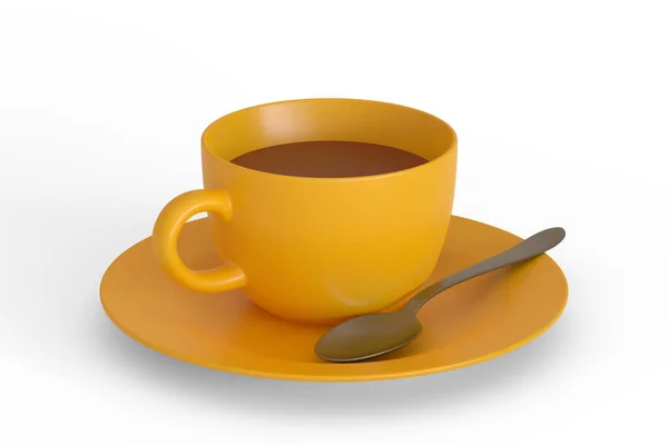 Yellow Coffee Cup Saucer Spoon Isolated White Background Rendering Illustration — Stock Photo, Image
