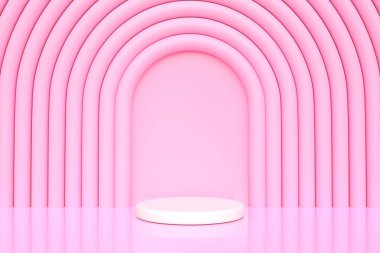 Pembe arka planda bir podyum. Soyut geometrik minimalizm. 3d resimleme