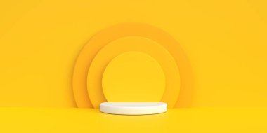 Sarı arka planda podyum. Soyut geometrik minimalizm. 3d resimleme