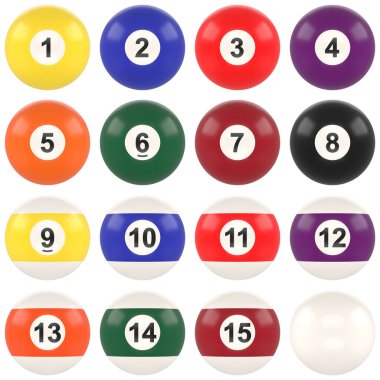Beyaz arkaplanda izole edilmiş numara koleksiyonu olan bilardo topları. Gerçekçi parlak bilardo topu. Bilardo topu seti. Katı ve çizgili. Eğlence sporu. 3B görüntüleme