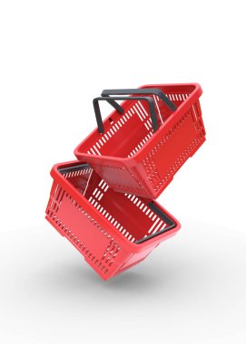 Beyaz arka planda süpermarketten alınmış kırmızı plastik sepetler. Çevrimiçi alışveriş kavramı. 3d resimleme