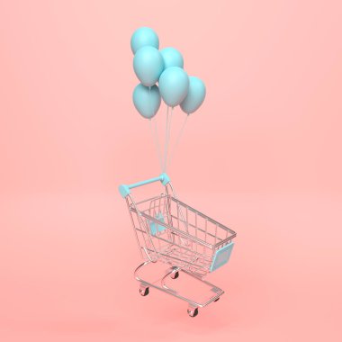 Pembe arka planda balonları olan uçan alışveriş arabası. Tramvay alışverişi. Market arabası. Minimalist kavram, izole edilmiş araba. 3d resimleme