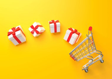 Sarı arka planda hediyeli uçan alışveriş arabası. Tramvay alışverişi. Market arabası. Minimalist kavram, izole edilmiş araba. 3d resimleme