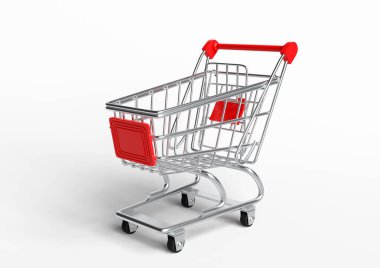 Beyaz arka planda alışveriş arabası. Tramvay alışverişi. Market arabası. Minimalist kavram, izole edilmiş araba. 3d resimleme