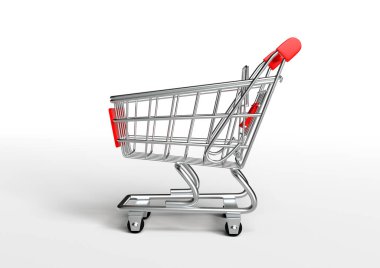 Beyaz arka planda alışveriş arabası. Tramvay alışverişi. Market arabası. Minimalist kavram, izole edilmiş araba. 3d resimleme