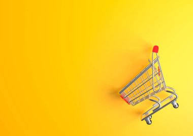 Sarı arka planda alışveriş arabası. Tramvay alışverişi. Market arabası. Minimalist kavram, izole edilmiş araba. 3d resimleme