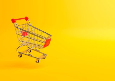 Sarı arka planda uçan alışveriş arabası. Tramvay alışverişi. Market arabası. Minimalist kavram, izole edilmiş araba. 3d resimleme