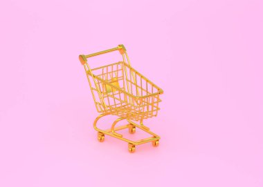 Pembe arka planda altın alışveriş arabası. 3d görüntüleme, 3d illüstrasyon