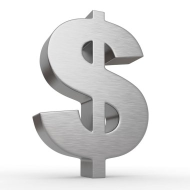 Beyaz arka planda metal dolar işareti var. Krom sembolü. 3d resimleme