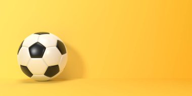 Sarı zemin üzerinde fotokopi alanı olan futbol topu. 3d resimleme