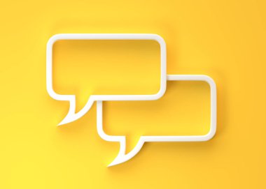 3D Düz çerçeve konuşma baloncukları, kopya alanı olan sarı bir arkaplanda metin alıntısı için simge oluşturur. Sohbet baloncukları. Yorum sembolü. Baloncuk konuşması. Yorum işareti. 3d görüntüleme 3d