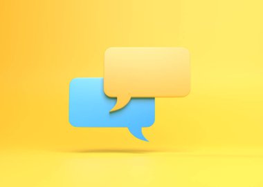 3D minimal sarı ve mavi sohbet baloncukları kopya alanı olan sarı bir arkaplanda izole edilmiş. Konuşma balonu ikonu. Yorum sembolü. Baloncuk konuşması. Yorum işareti. 3d görüntüleme 3d