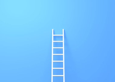 Mavi duvarda fotokopi alanı olan bir merdiven. 3d görüntüleme 3d