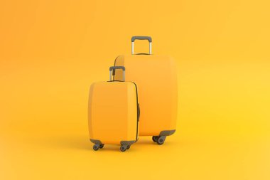 Fotokopi alanı olan sarı bir arka planda seyahat valizi. Ön manzara. 3d resimleme