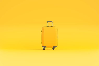 Fotokopi alanı olan sarı bir arka planda seyahat valizi. Ön manzara. 3d resimleme