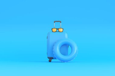 Bavul, gözlük ve şişme daire. Mavi arka planda fotokopi alanı var. Yaz konsepti. Ön manzara. 3d resimleme