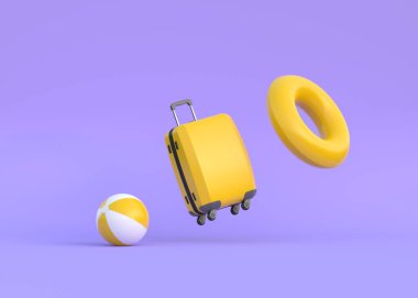 Plaj topu ve şişme daireli bavul mor arka planda havada süzülüyor. Tatil, kaçamak ve seyahat kavramı. 3d resimleme