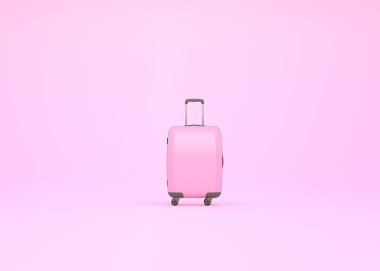 Pembe arka planda fotokopi alanı olan bir bavul. Ön manzara. 3d resimleme