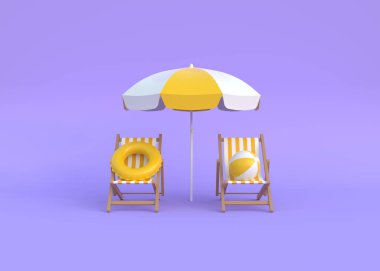 Plaj sandalyesi, şemsiye, yüzme yüzüğü ve mor arka planda top. En az yaratıcı yaz tatili konsepti. 3d resimleme