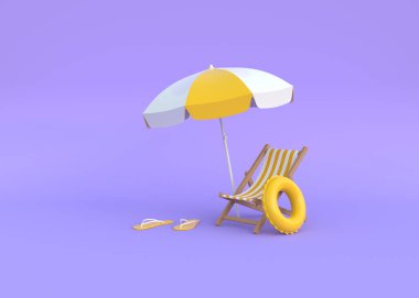 Plaj sandalyesi, şemsiye, yüzme yüzüğü ve mor arka planda terlikler. En az yaratıcı yaz tatili konsepti. 3d resimleme