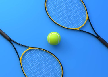 Tenis raketi ve mavi arka planda Tenis topu. Üst Manzara. 3d Resim Hazırlama