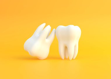 Sarı arka planda iki beyaz diş. Diş muayenesi, diş sağlığı ve hijyen kavramı. 3d resimleme
