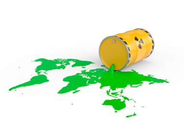 Radyoaktif atık sarı varillerde yeşil madde sızıntısı olan radyoaktif semboller. Zehirli yeşil maddenin dünya haritası. 3d resimleme