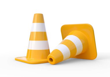 Beyaz arka planda trafik konileri izole edilmiş. 3d resimleme